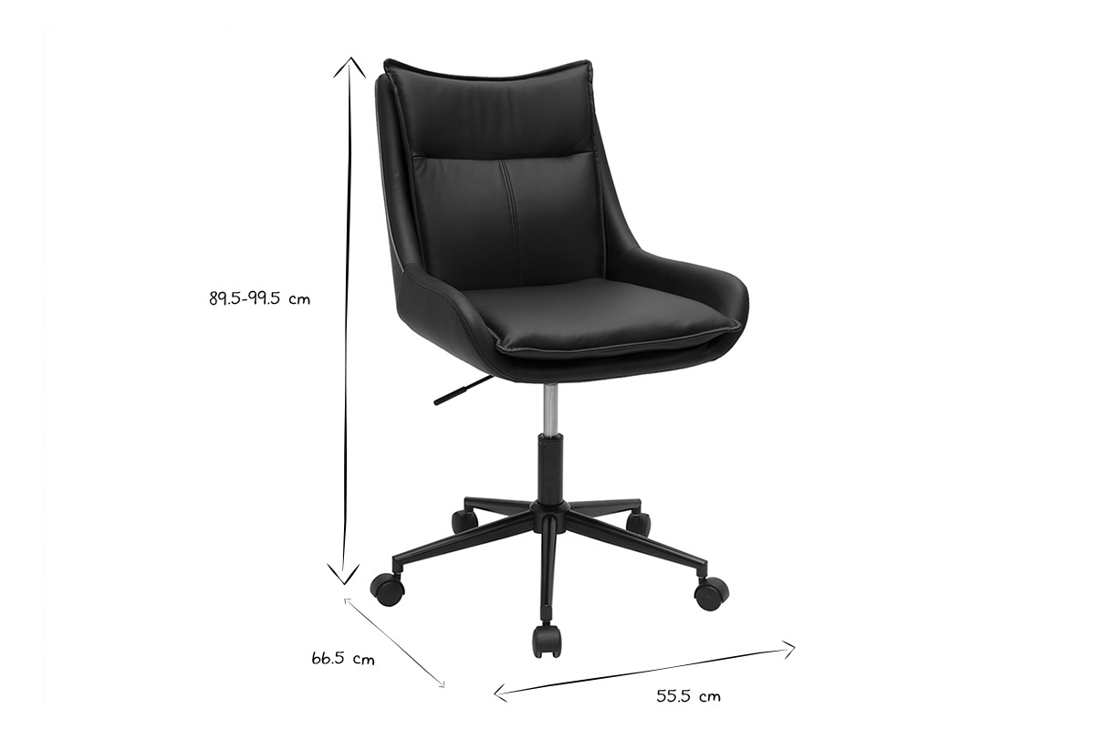 Chaise de bureau BLAISE noire et bois fonc�, dimensions L55.5 x P66.5 x H89.5-99.5 cm.