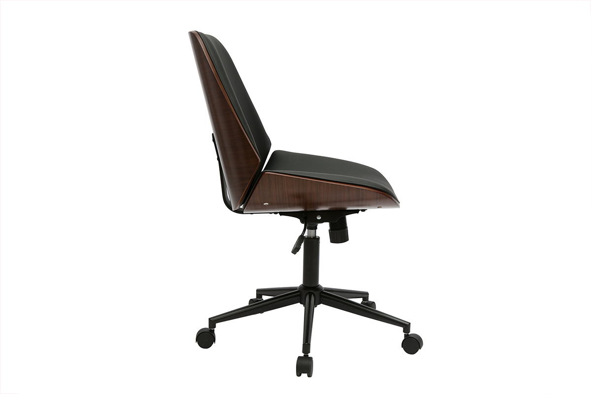 Chaise de bureau � roulettes noire et bois fonc� DOUGLAS, vue de profil