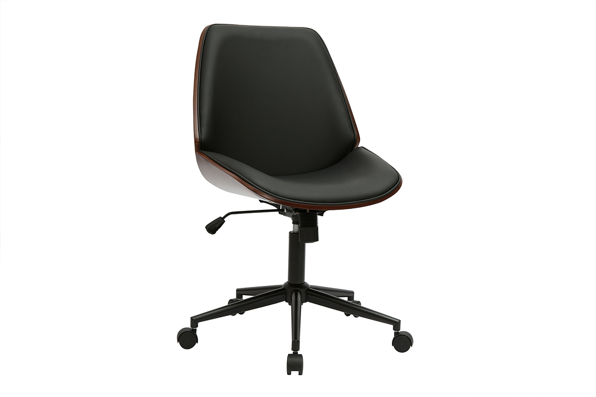 Chaise de bureau � roulettes noire et bois fonc� DOUGLAS, vue de 3/4