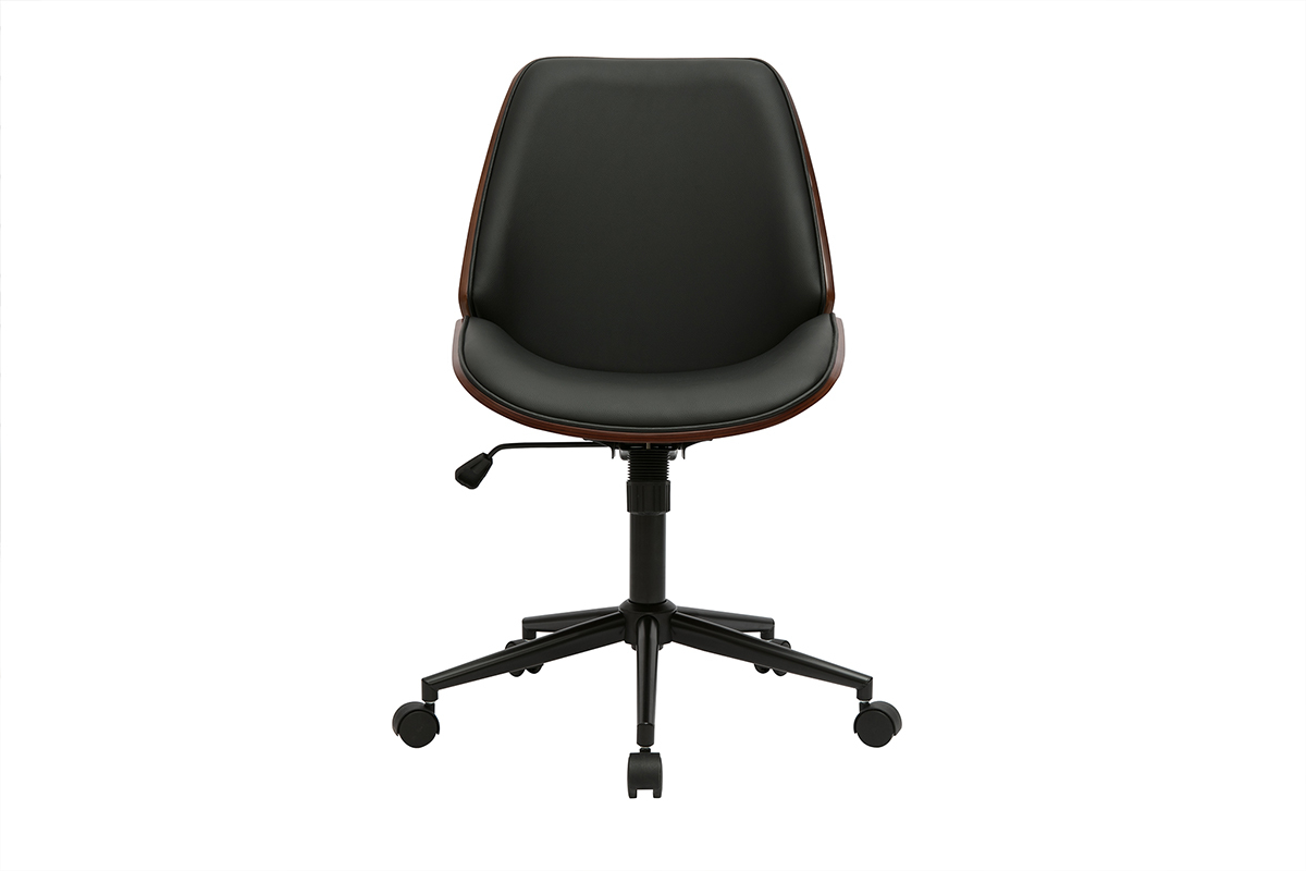 Chaise de bureau � roulettes noire et bois fonc� Douglas, vue de face.