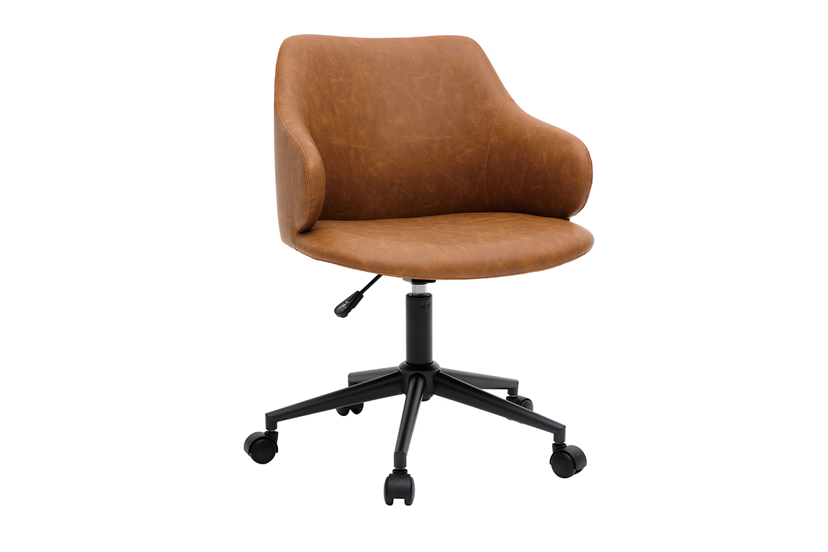 Chaise de bureau vintage en polyur�thane marron, base en m�tal noir, vue de 3/4.