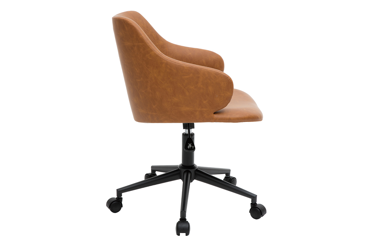 Chaise de bureau vintage marron � roulettes vue de profil.