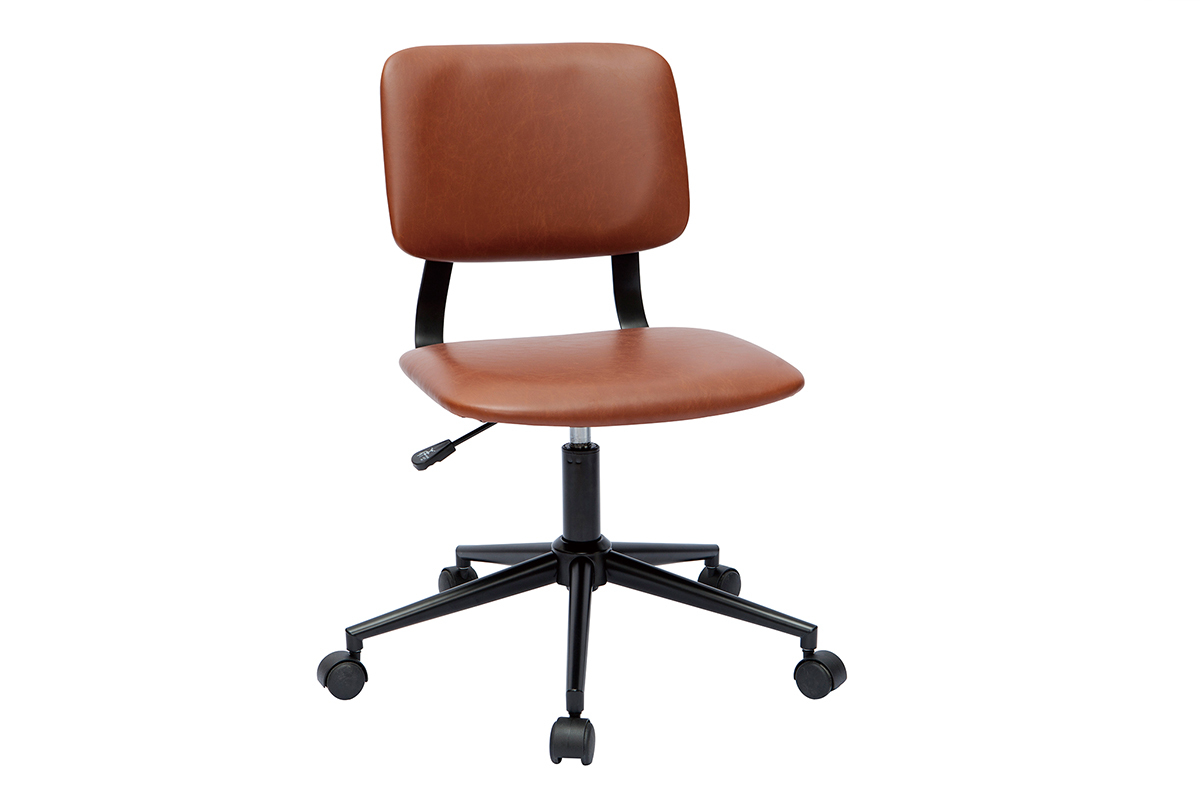 Chaise de bureau � roulettes marron avec base en m�tal noir, vue de 3/4.