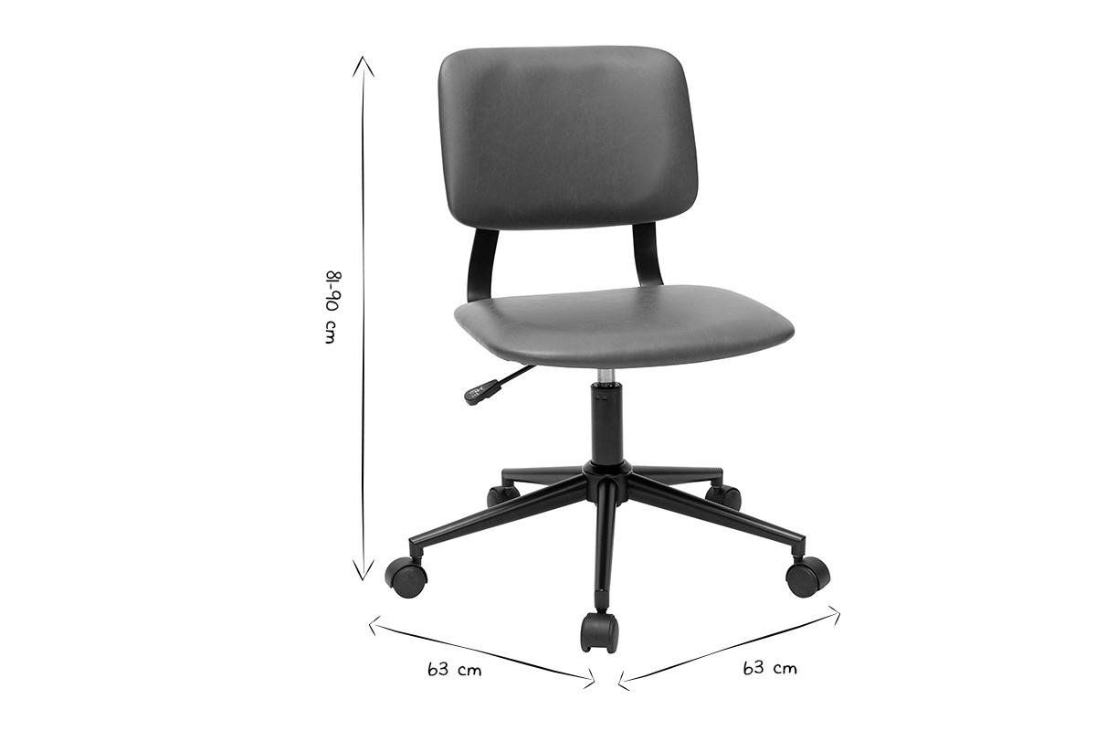 Chaise de bureau en noir et blanc avec dimensions de 63 cm de largeur et 81-90 cm de hauteur.