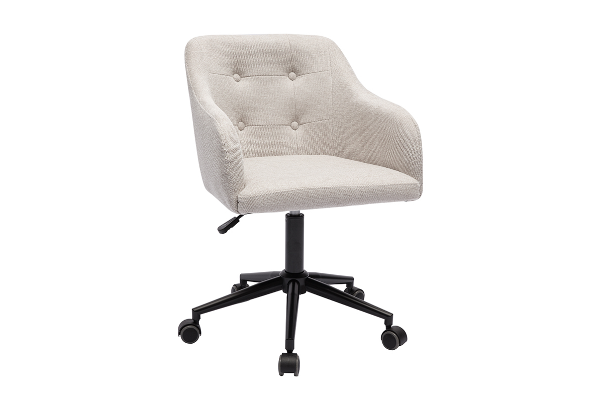 Chaise de bureau capitonn�e � roulettes en tissu effet velours textur� beige et m�tal noir BALTIK