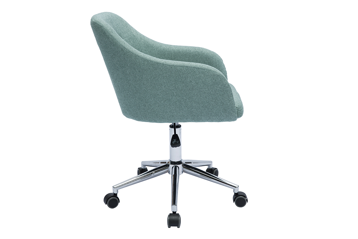 Chaise de bureau vert de gris en vue de profil, roulettes et m�tal chrom�.