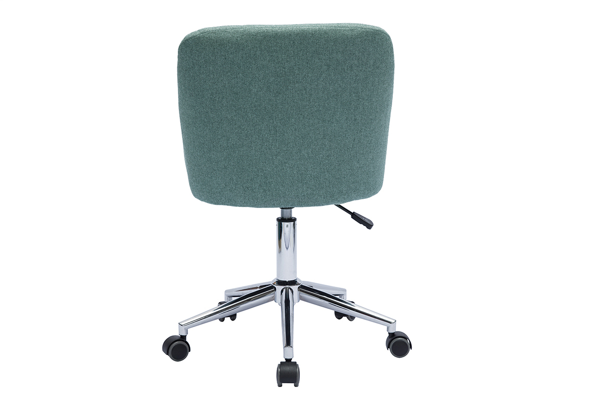 Chaise de bureau vert de gris vue de dos, pi�tement chrom� � roulettes.