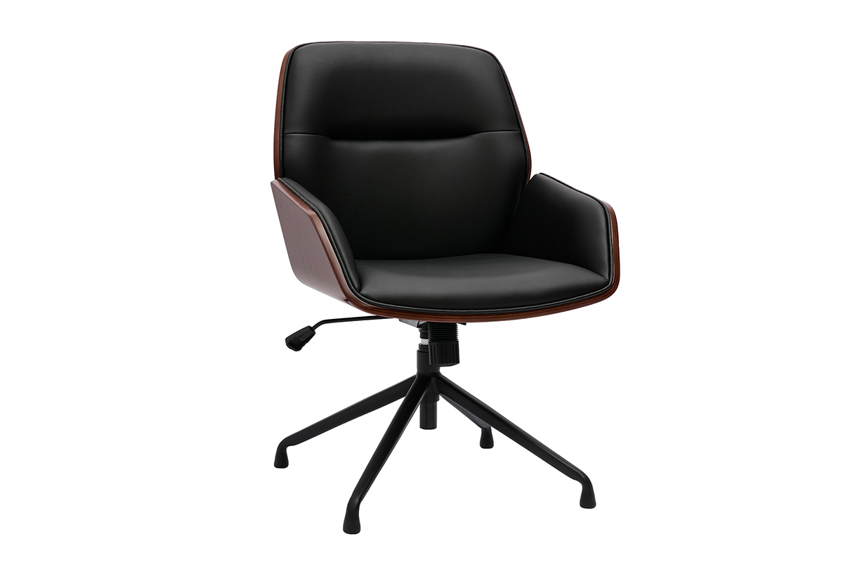 Chaise de bureau design pivotante 360� noire, bois fonc� et m�tal noir MARLOW