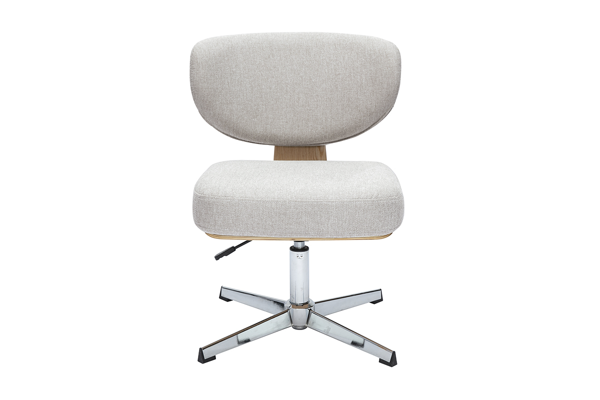 Chaise de bureau HANZ en tissu beige, bois ch�ne et pi�tement �toile m�tallique, vue de face.