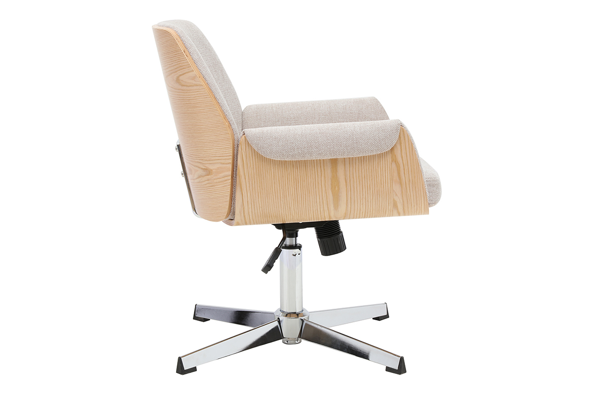 Chaise de bureau en tissu beige et bois clair, vue de profil, avec accoudoirs et pi�tement chrom�.