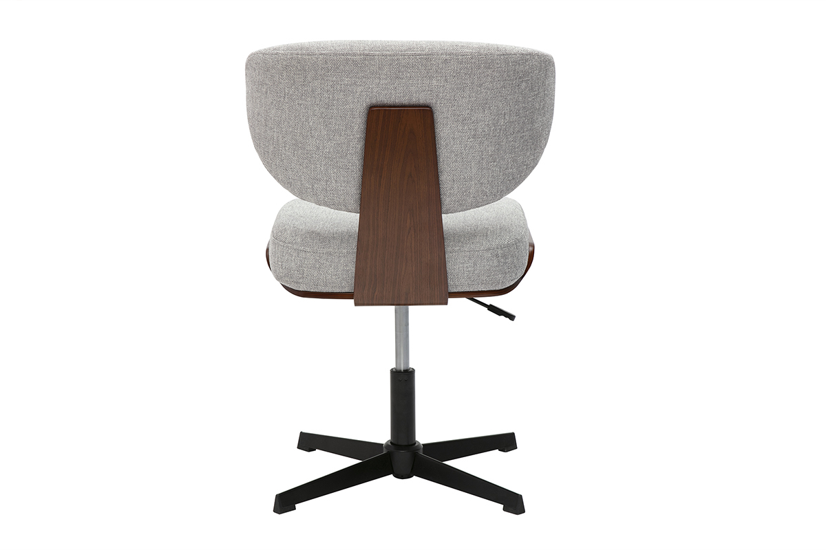 Chaise de bureau grise HANZ vue de dos, tissu textur� et bois de noyer.