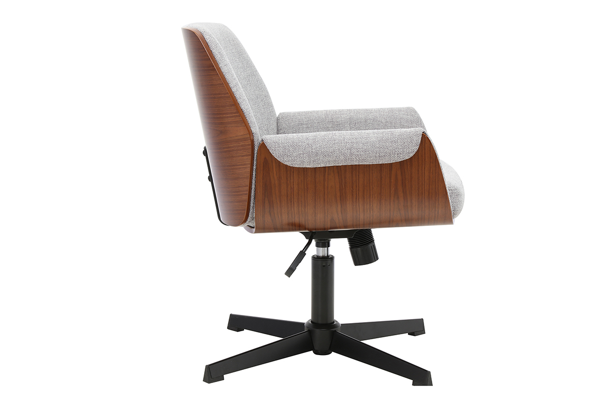 Chaise de bureau RIKKI en tissu effet velours gris et bois fonc�, vue de profil
