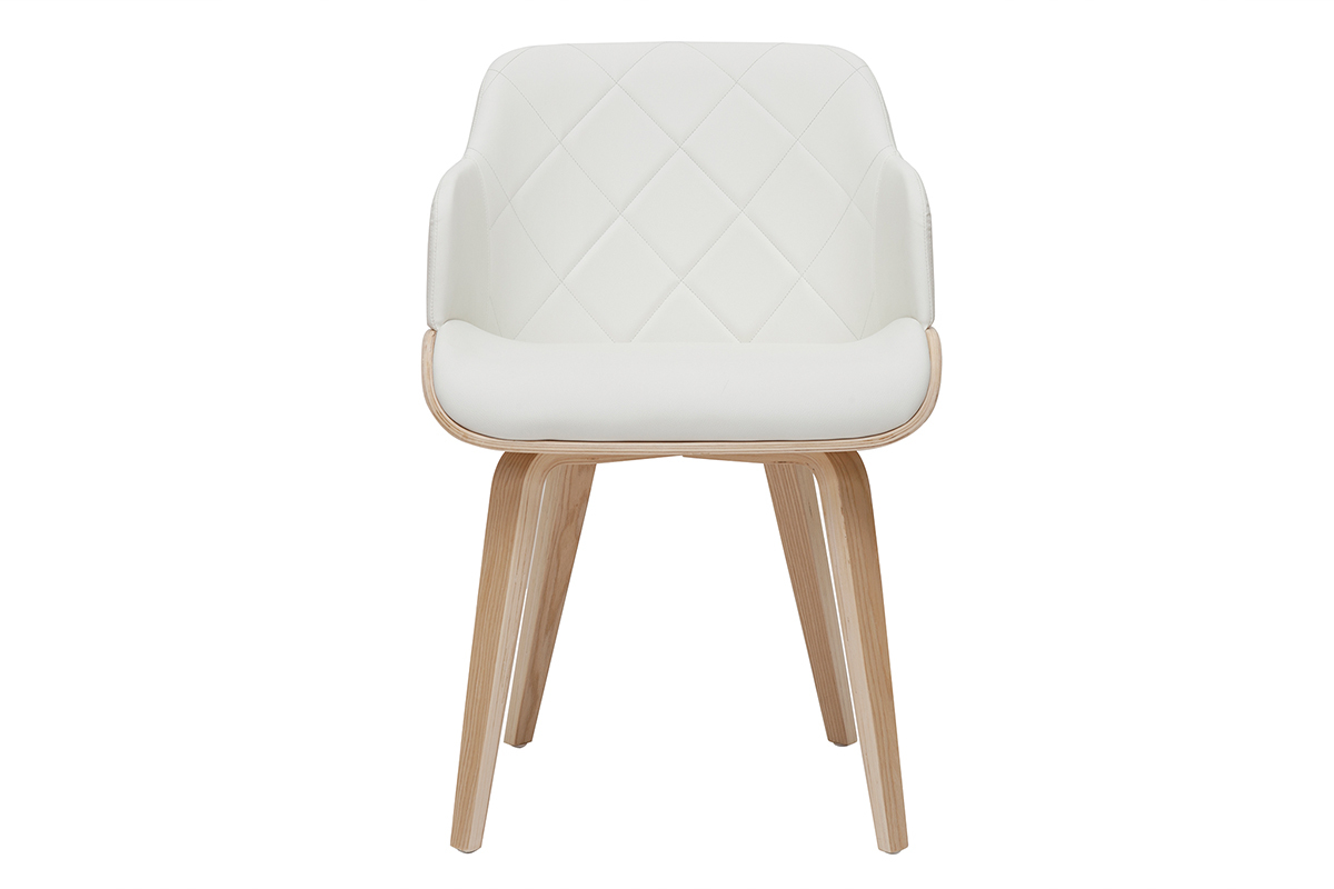 Chaise design blanche et bois clair, vue de face, avec dossier matelass� et accoudoirs.