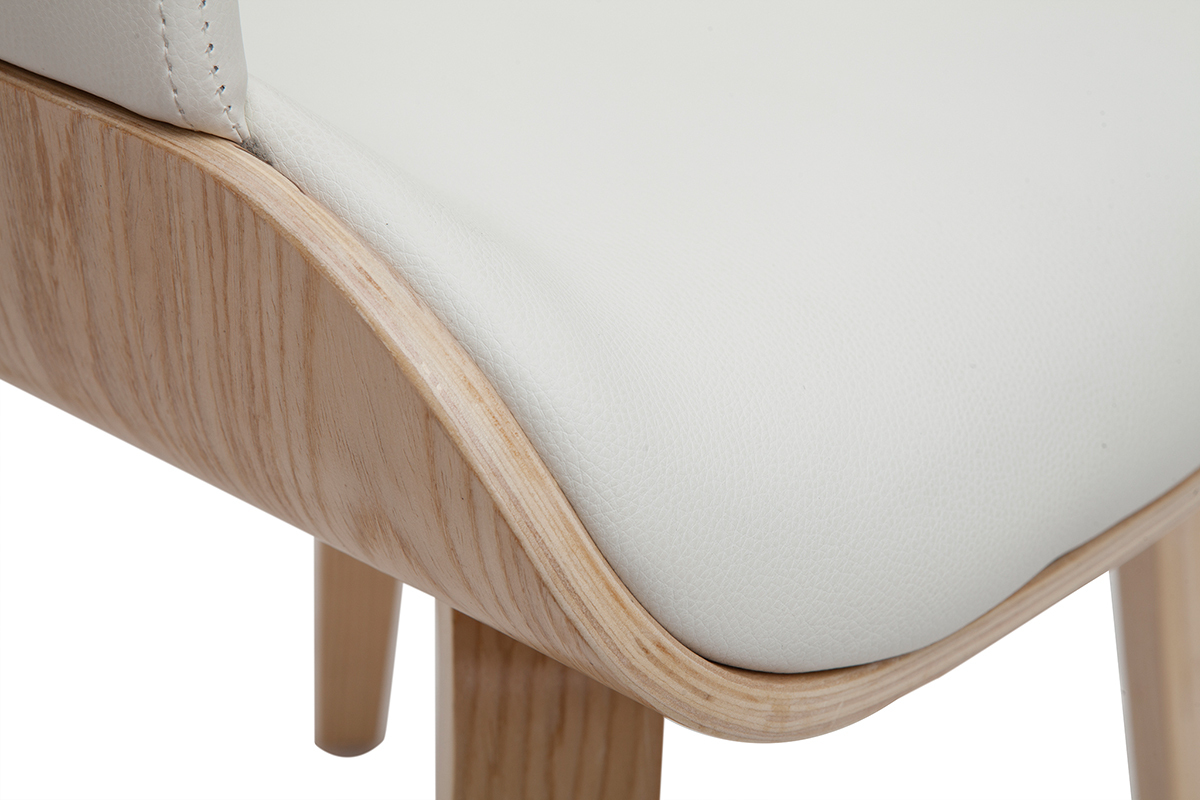 Zoom sur la chaise LUCIEN en polyur�thane blanc et bois clair, vue de pr�s sur l'assise.