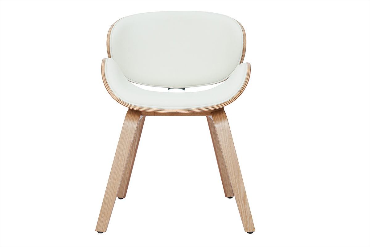 Chaise design blanche et bois clair vue de face avec dossier courb�.