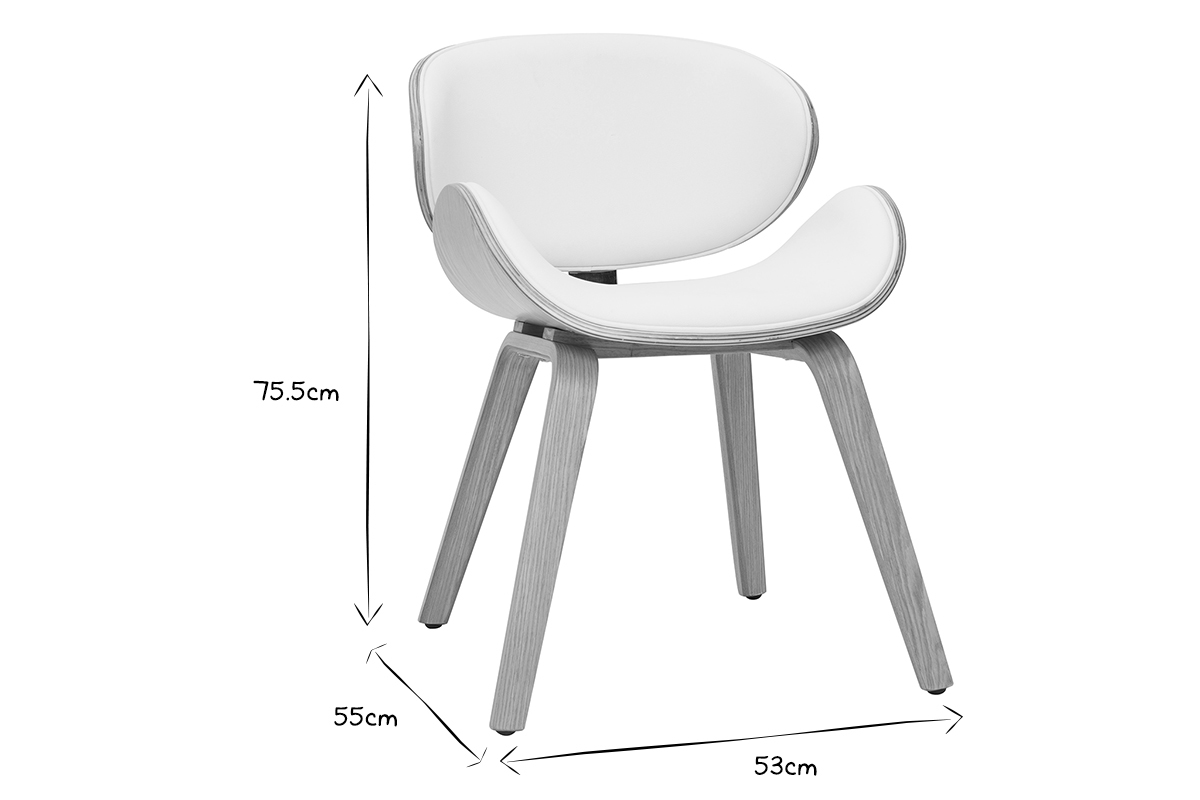 Dimensions d'une chaise design en noir et blanc : hauteur 75,5 cm, largeur 53 cm, profondeur 55 cm.