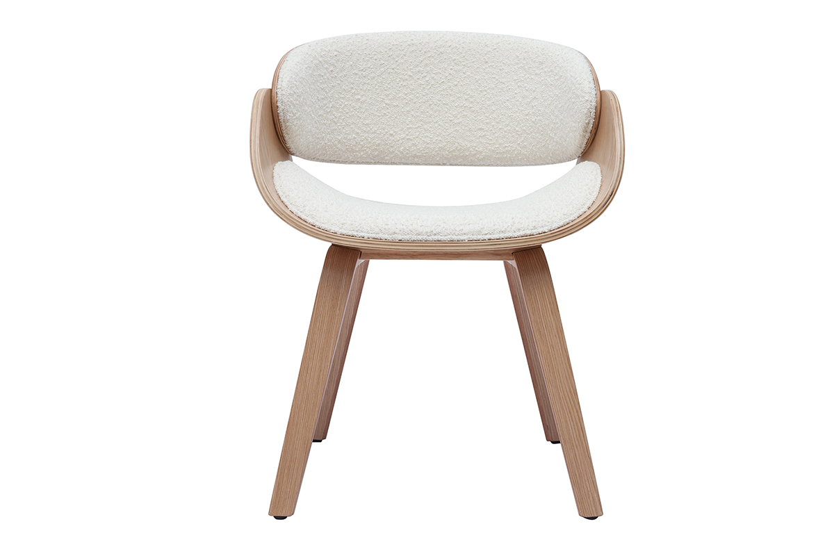 Chaise design en tissu effet laine boucl�e blanc et bois clair BENT