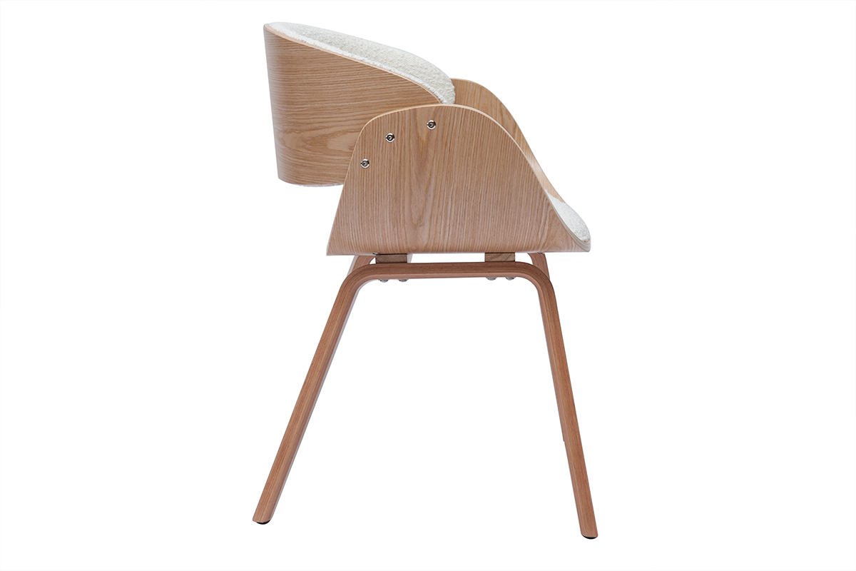 Chaise design en tissu effet laine boucl�e blanc et bois clair BENT