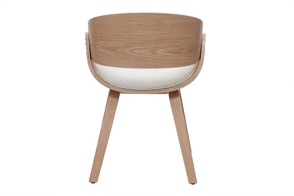 Chaise design en tissu effet laine boucl�e blanc et bois clair BENT