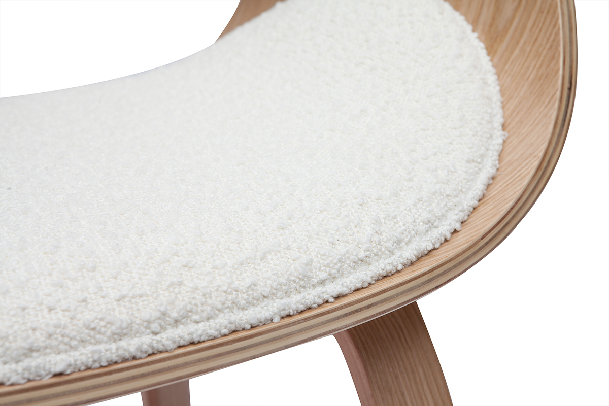 Chaise design en tissu effet laine boucl�e blanc et bois clair BENT