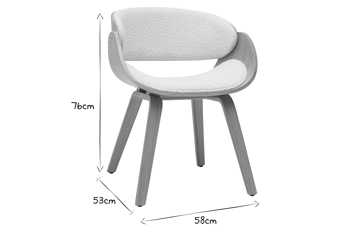 Chaise design en tissu effet laine boucl�e blanc et bois clair BENT