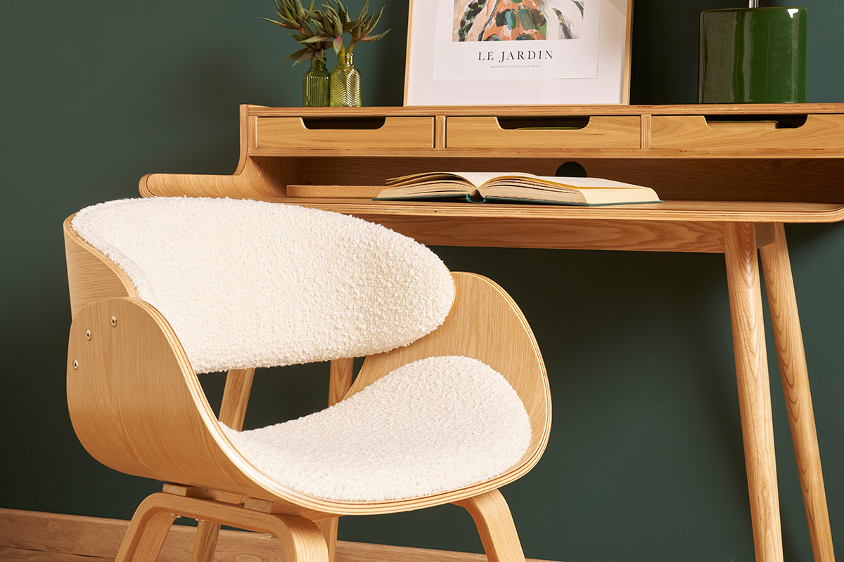Chaise design en tissu effet laine boucl�e blanc et bois clair BENT