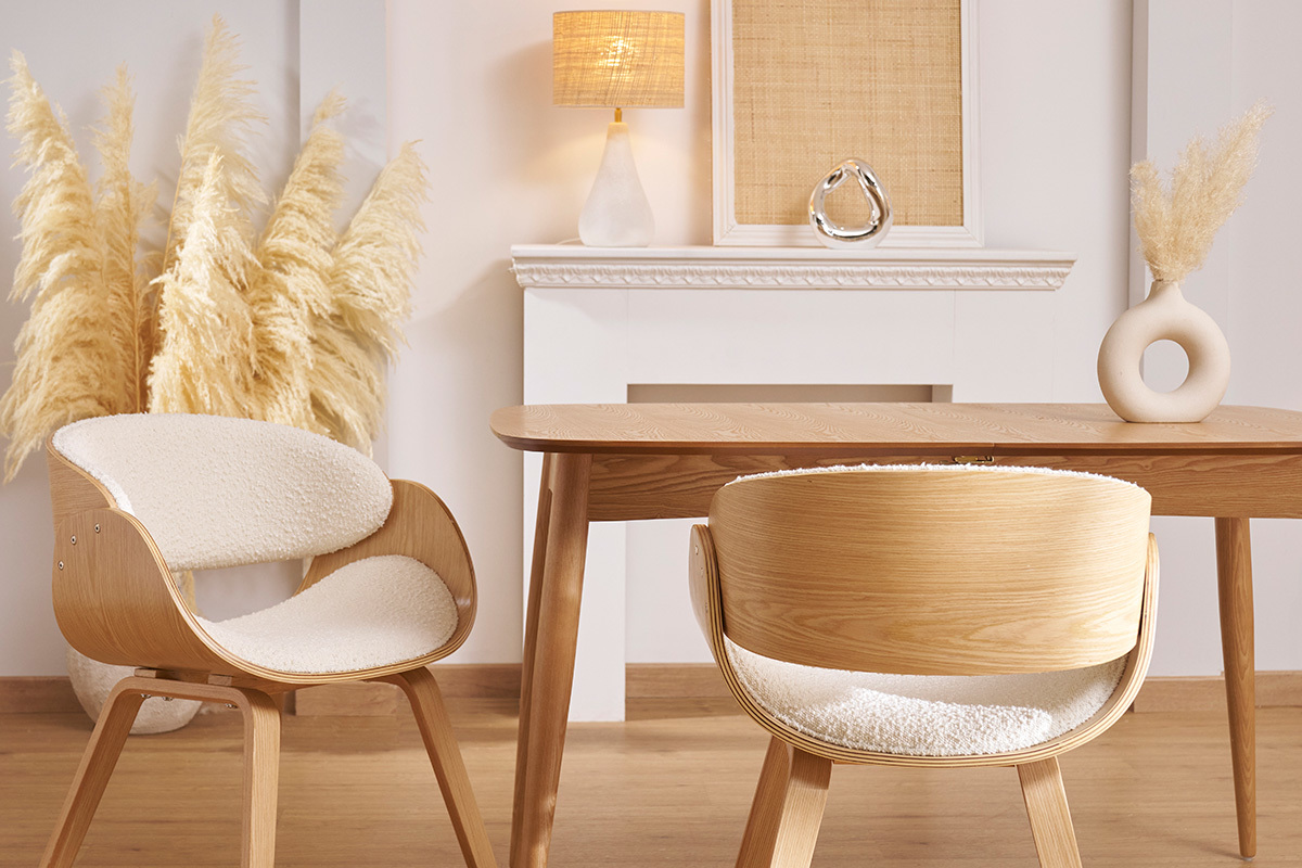 Chaise design en tissu effet laine boucl�e blanc et bois clair BENT