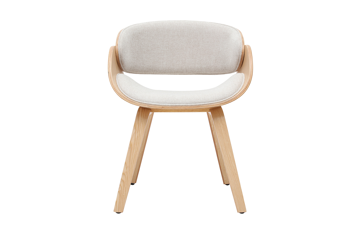 Chaise design BENT en tissu beige et bois clair, vue de face.