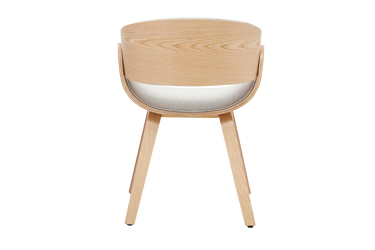 Chaise design BENT, vue de dos, en tissu beige et bois clair, style scandi-r�tro.