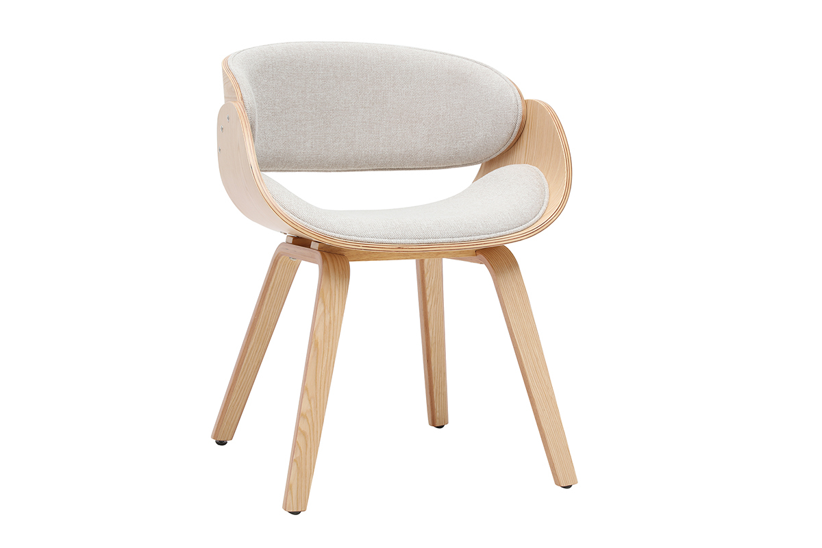 Chaise design BENT en tissu beige effet velours et bois clair, vue de 3/4