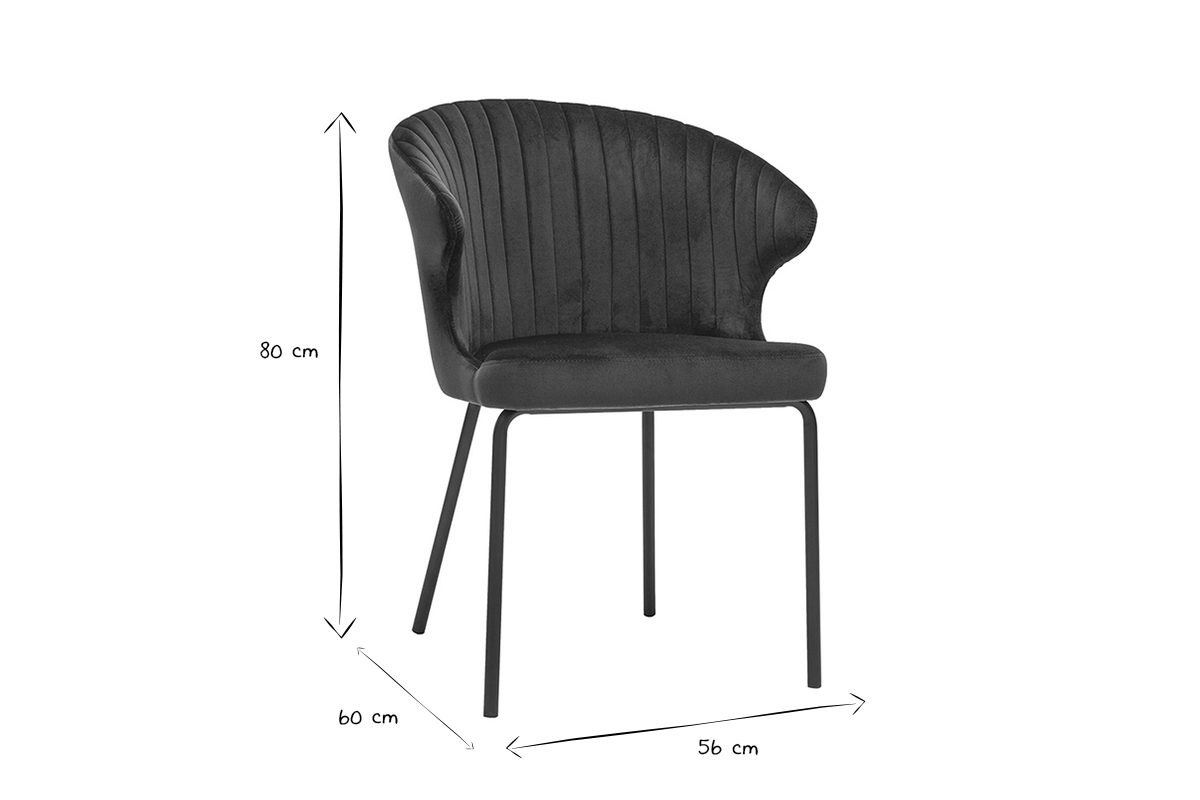 Chaise avec dimensions 80x60x56 cm, vue de face, en noir et blanc.