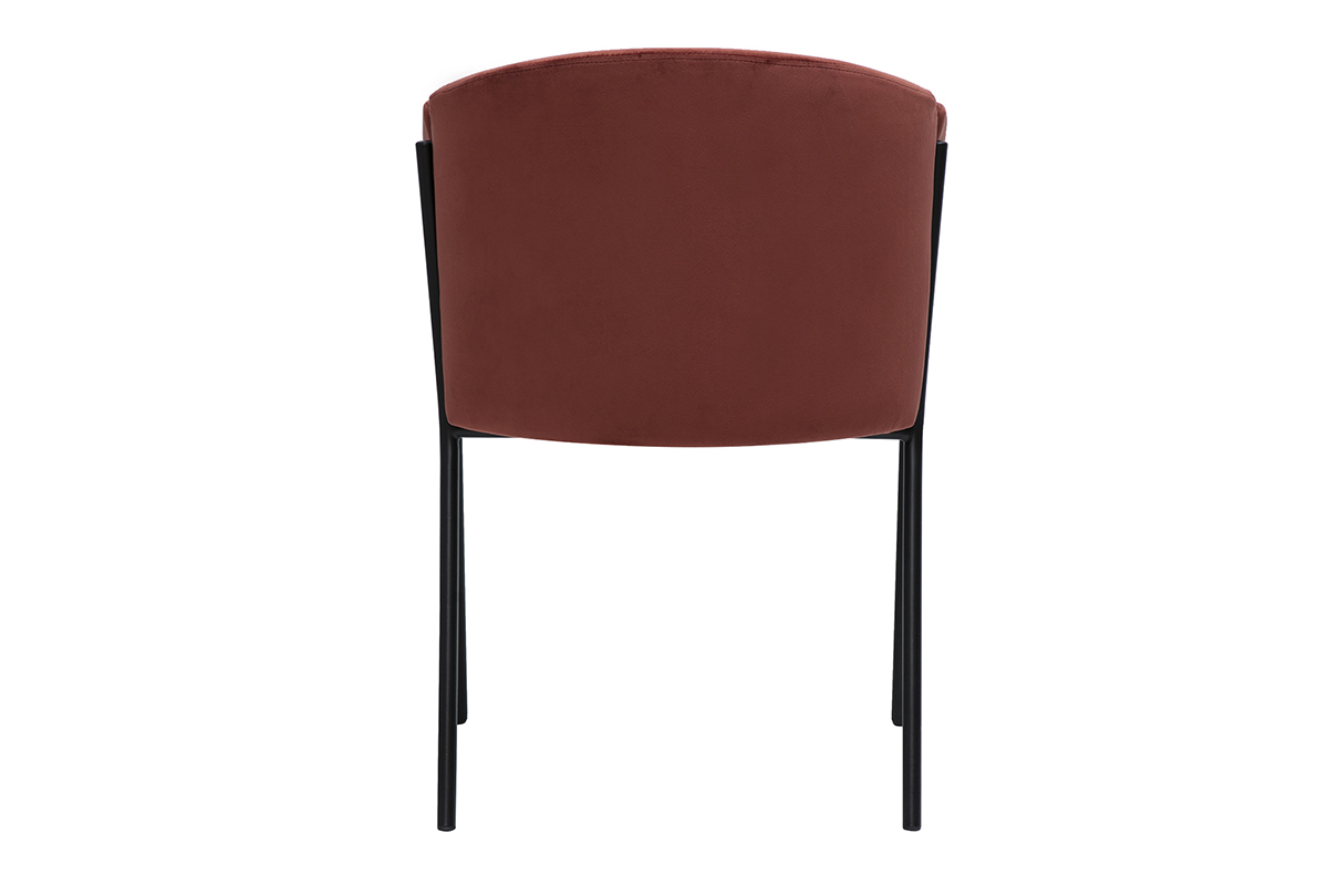 Chaise design en velours rouge tomette avec structure en m�tal noir, mod�le BRIANE. Vue de dos.