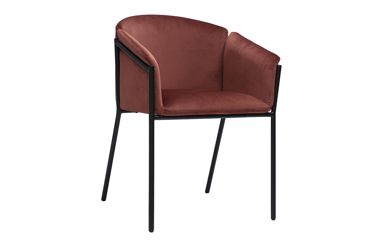 Chaise en velours rouge tomette avec structure en m�tal noir BRIANE.