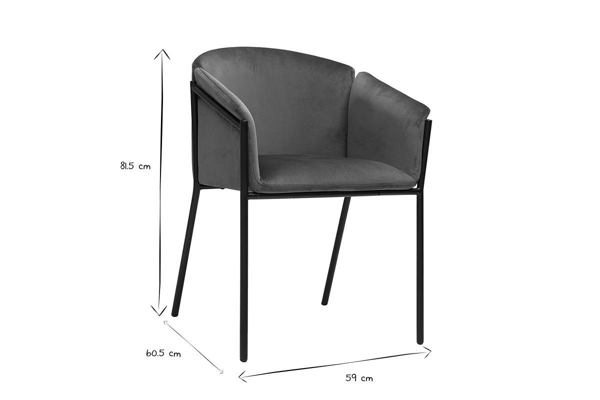Chaise BRIANE en velours rouge et m�tal noir, avec dimensions.