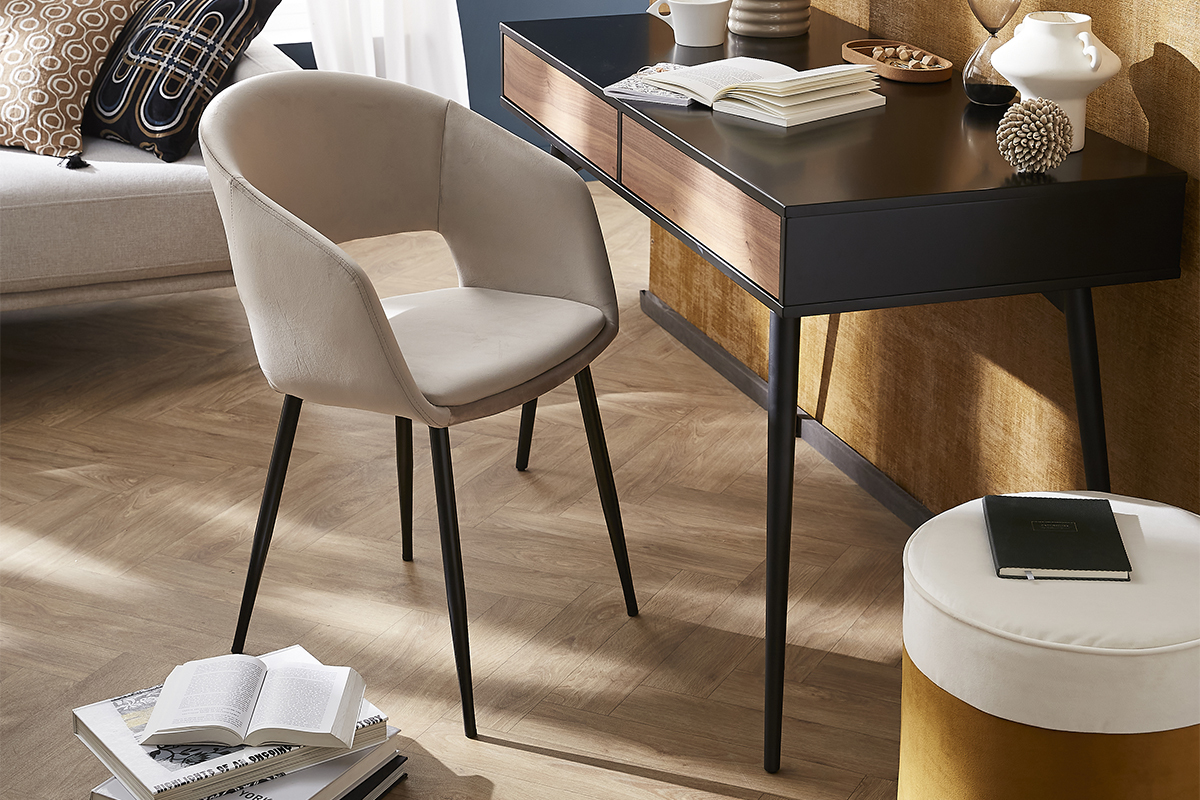 Chaise design en tissu velours taupe et m�tal noir PRISMA