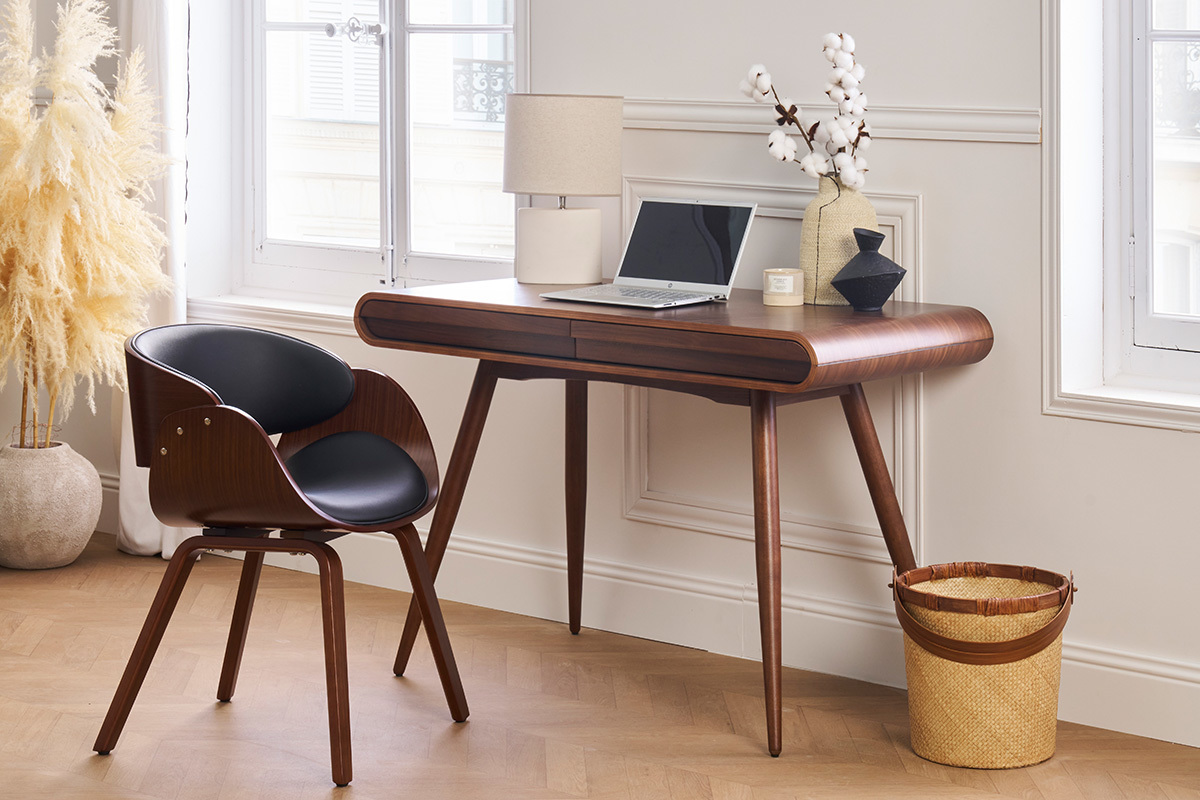 Chaise design noir et bois fonc� noyer BENT