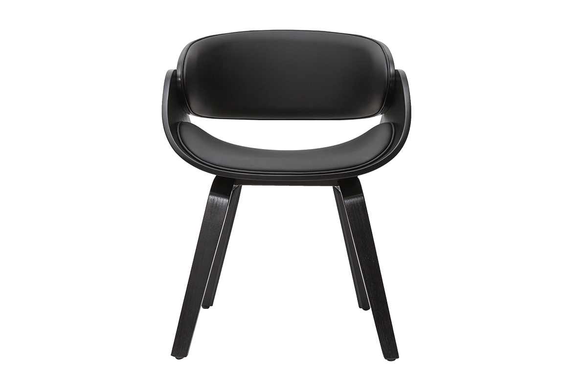 Chaise design noire BENT vue de face, dossier et pi�tement en bois.
