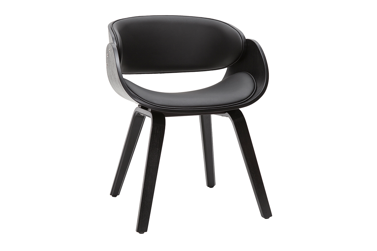 Chaise design noire BENT avec dossier en bois, vue de trois quarts.