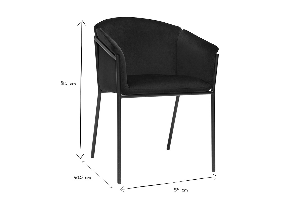 Chaise noire en tissu velours et m�tal avec dimensions L59 x P60.5 x H81.5 cm, design moderne et �l�gant.