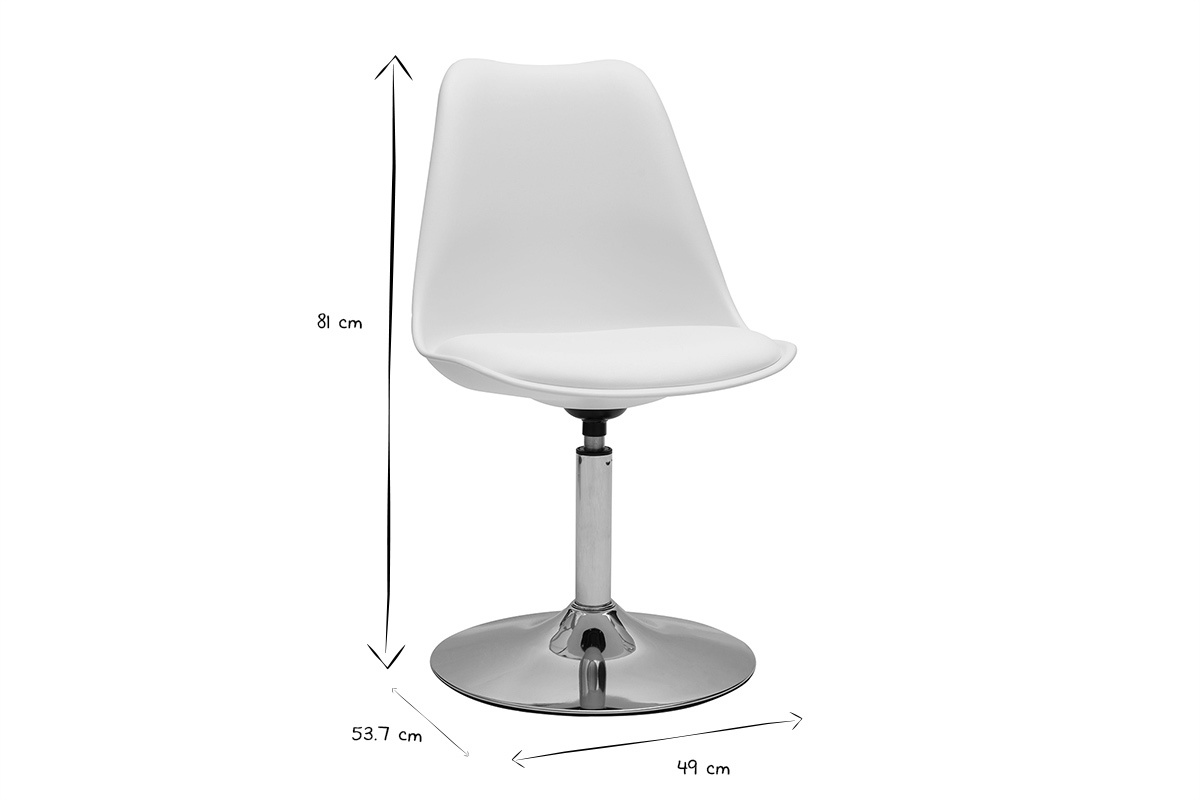 Chaise pivotante blanche STEEVY avec pied en m�tal chrom�, dimensions assise L46xP42xH46 cm.