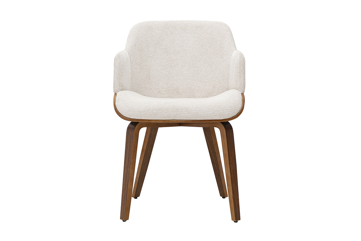 Chaise EARL en tissu chenille beige et bois fonc�, vue de face.