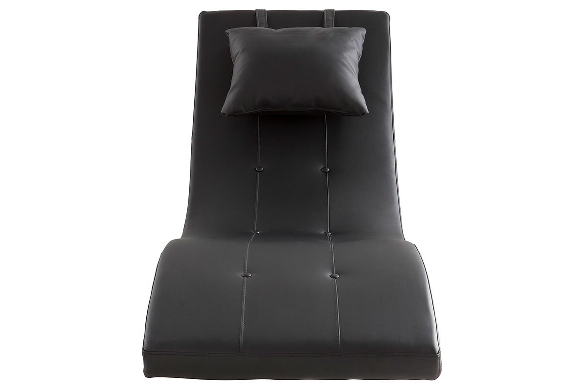 Chaise longue design noire avec coussin, vue de face, rembourr�e et capitonn�e.
