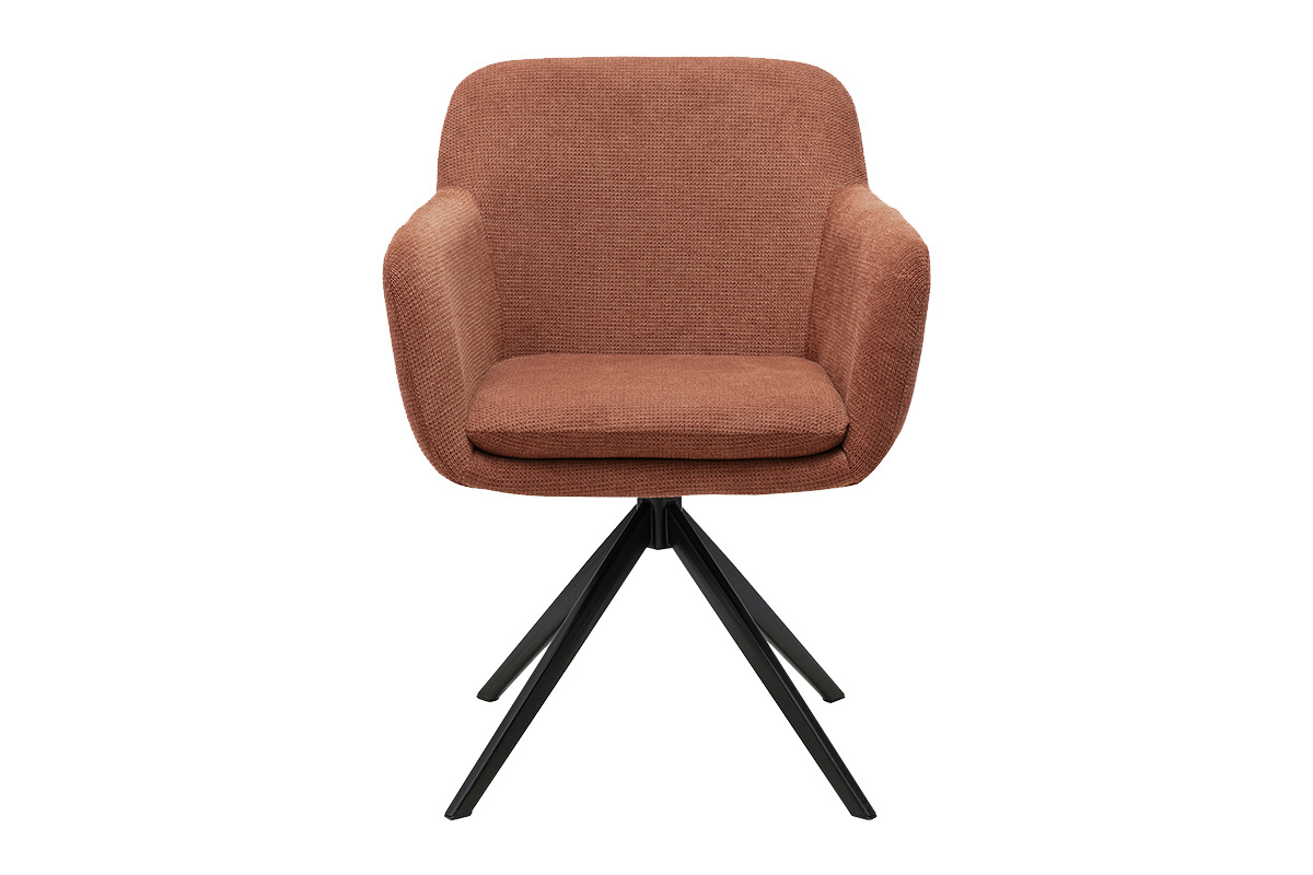 Chaise pivotante 360� en tissu chenill� terre br�l�e avec pi�tement en m�tal noir, vue de face.