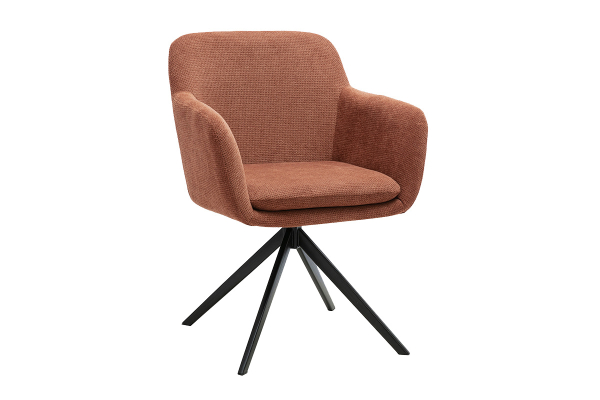 Chaise pivotante 360� en tissu chenille terre br�l�e et m�tal noir, vue de 3/4.