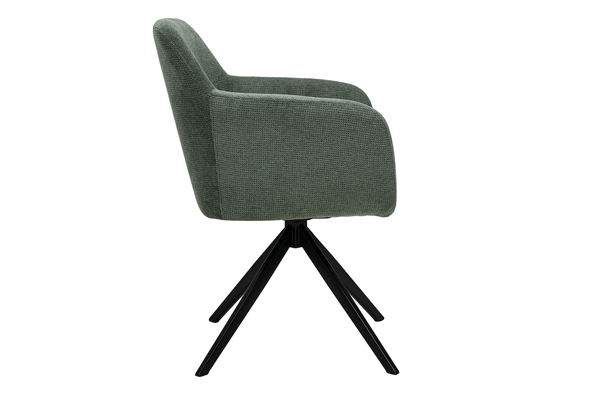 Chaise pivotante 360� en tissu chenille vert kaki, vue de profil, avec pi�tement en m�tal noir.