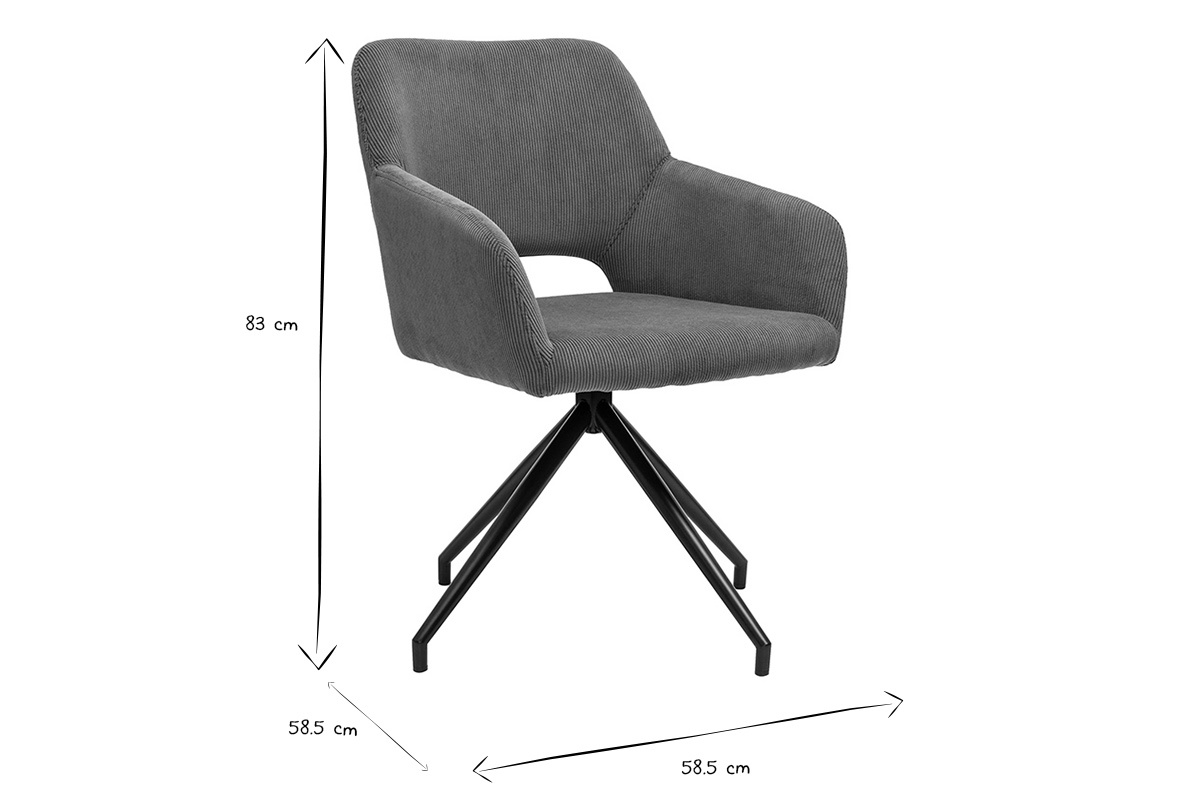 Chaise pivotante en velours c�tel� avec dimensions, vue de 3/4, en noir et blanc.