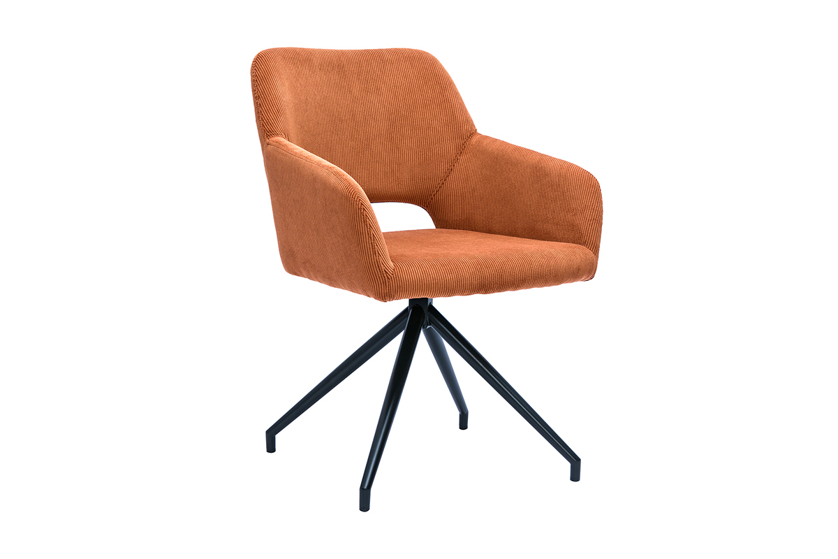Chaise pivotante 360� en tissu velours c�tel� terre br�l�e et m�tal noir LAURETTE