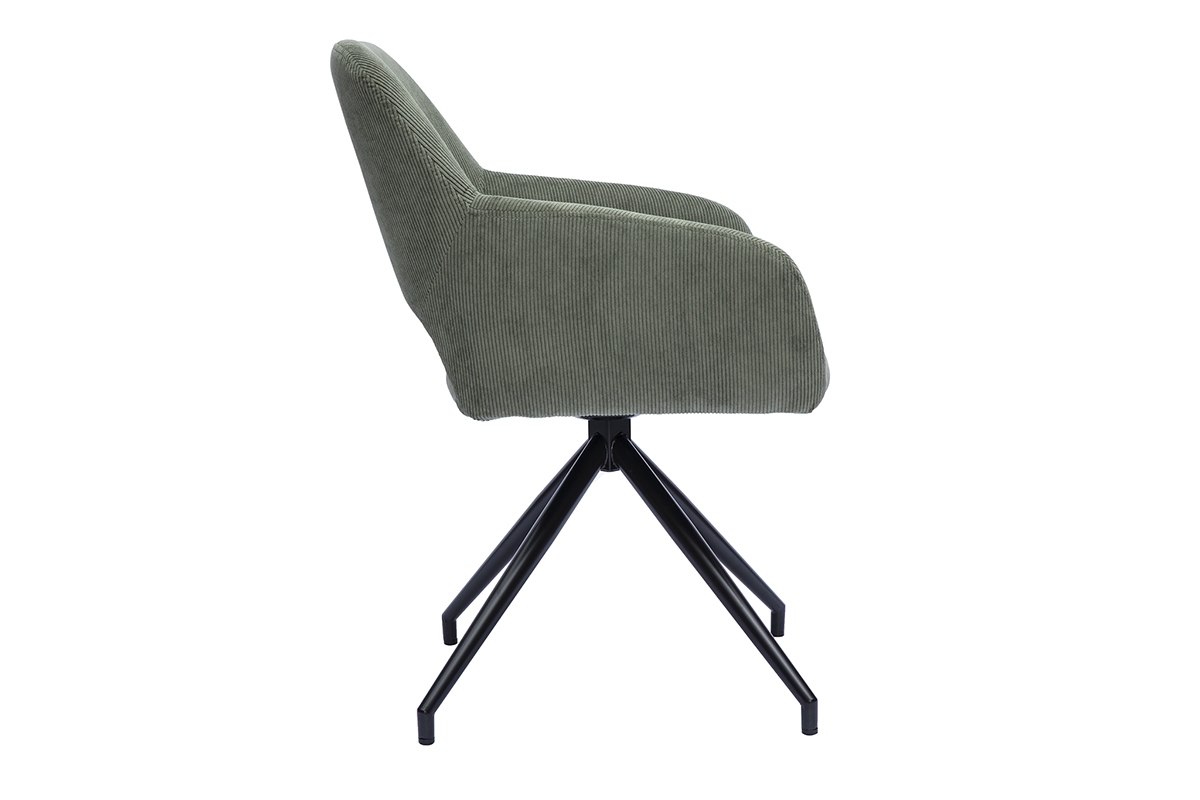 Chaise pivotante 360� en tissu velours c�tel� vert kaki vue de profil avec base en m�tal noir.