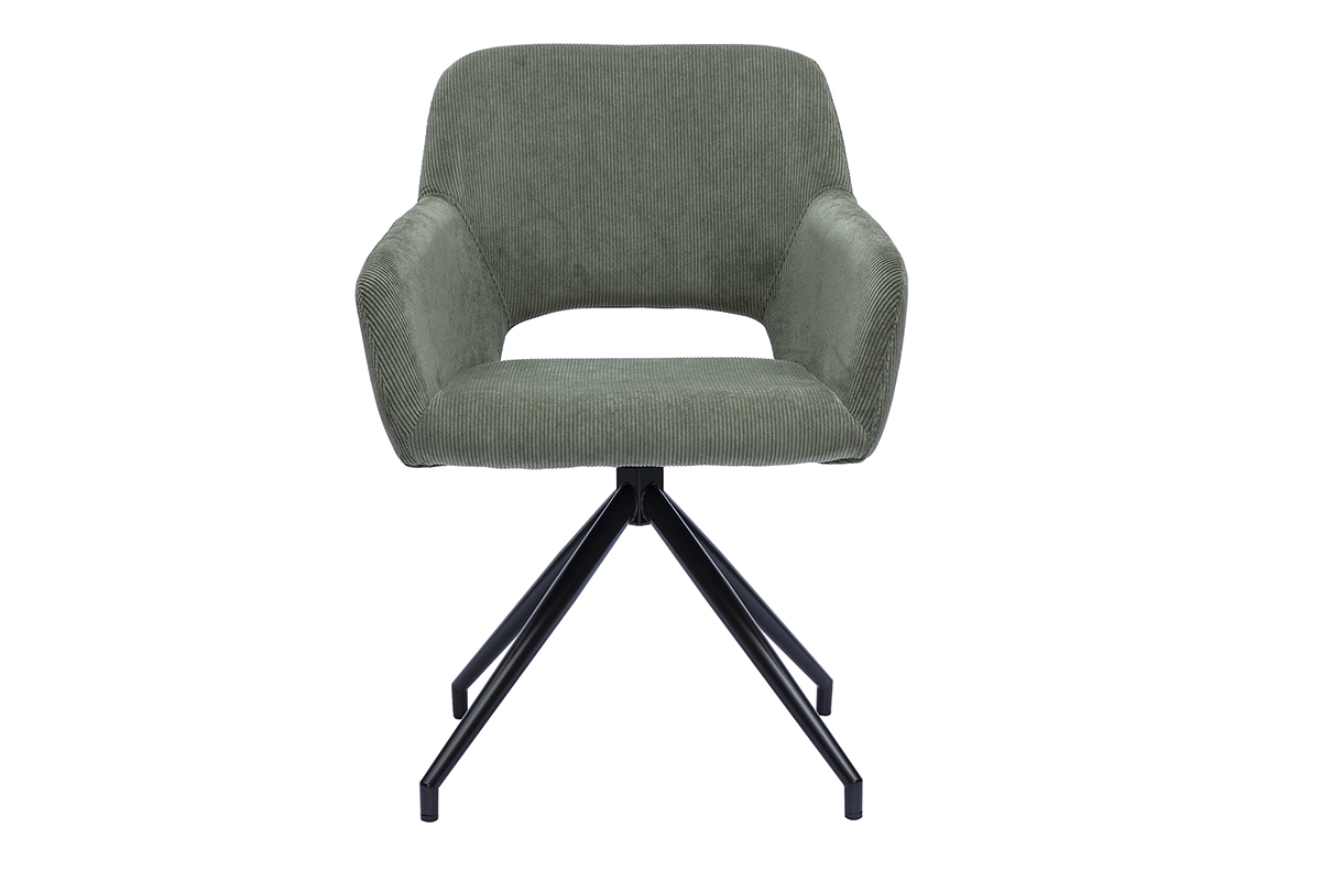 Chaise pivotante 360� en tissu velours c�tel� vert kaki, vue de face avec structure en m�tal noir.