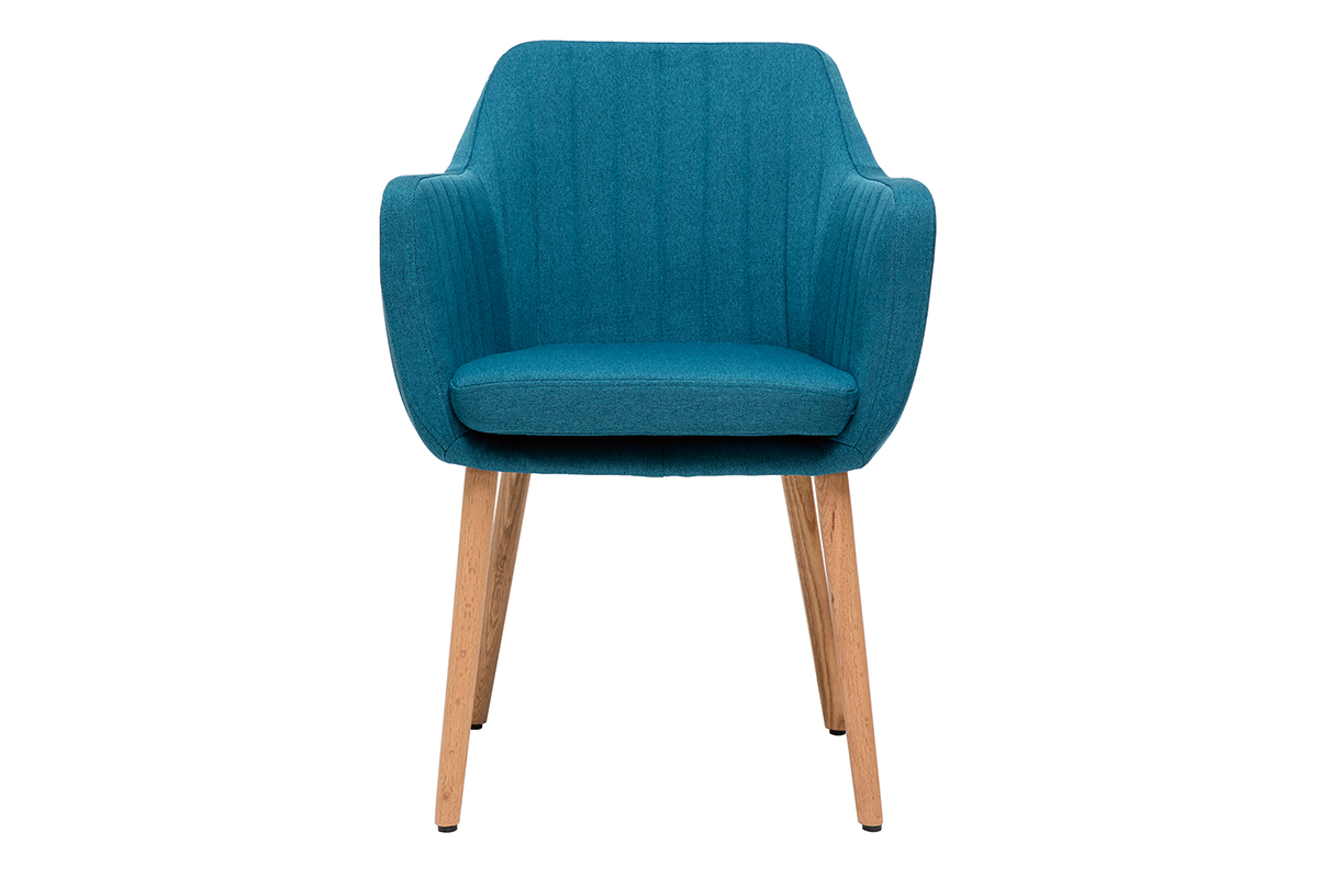 Chaise scandinave en tissu bleu canard et bois clair, vue de face.